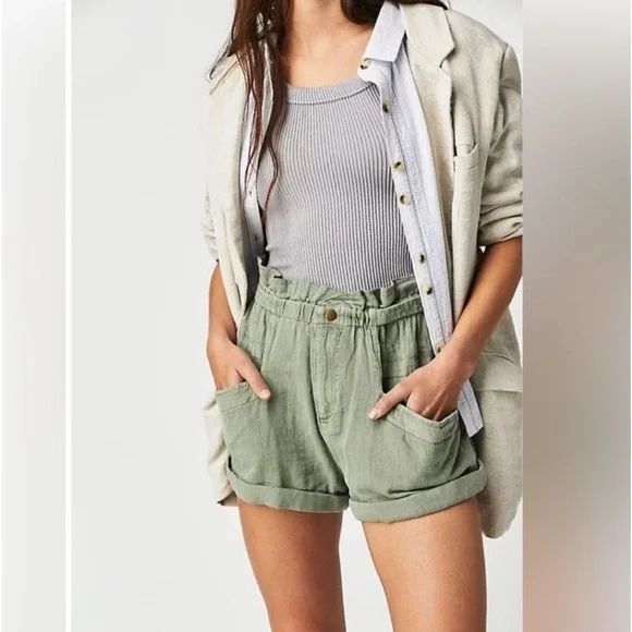 FREE PEOPLE OIL GREEN LINEN - COTTON BLEND SHORTS NWT